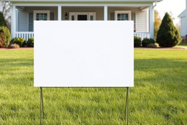 A blank white lawn sign on a wire frame standing in a green front lawn in front of a house