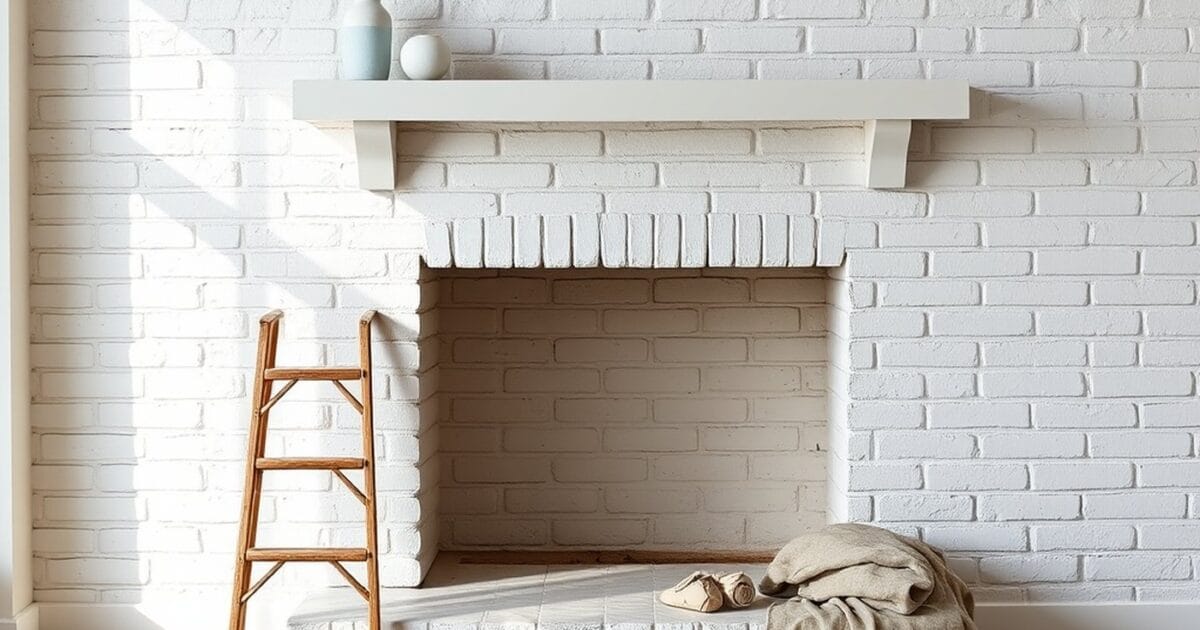 A brick fireplace wall painted white with a simple mantel shelf, a step ladder and a folded drop cloth