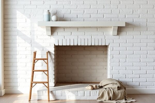 A brick fireplace wall painted white with a simple mantel shelf, a step ladder and a folded drop cloth