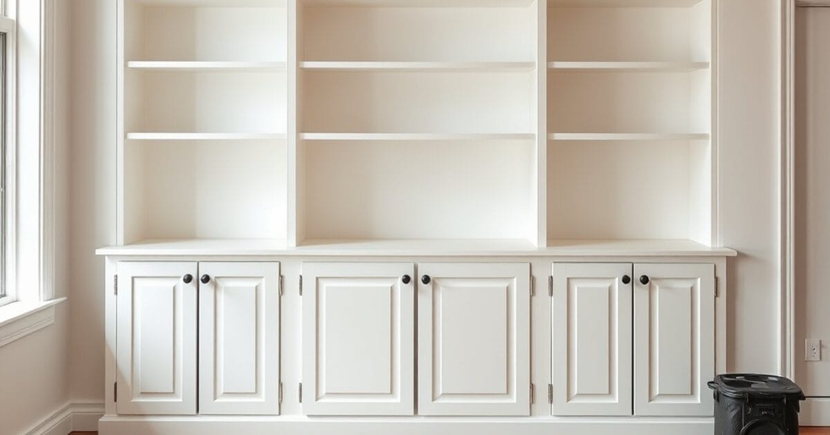 An empty built in bookcase wall painted soft white with cabinet doors below and a drop cloth on the floor
