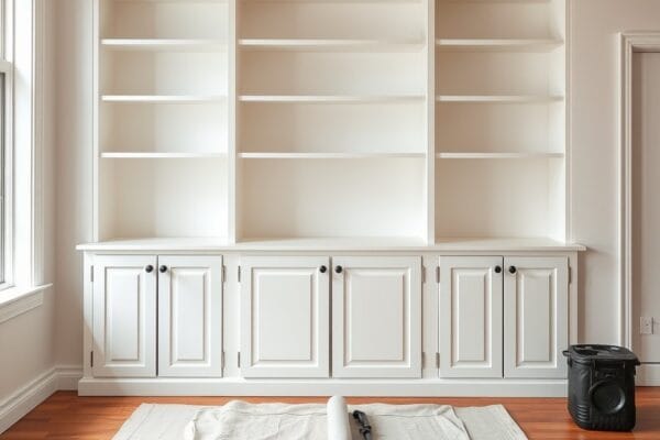 An empty built in bookcase wall painted soft white with cabinet doors below and a drop cloth on the floor