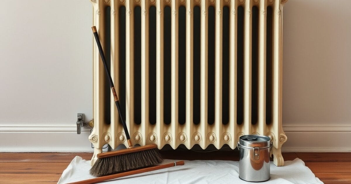 An ornate cast iron radiator painted off white under a window with a long brush and a can on a drop cloth
