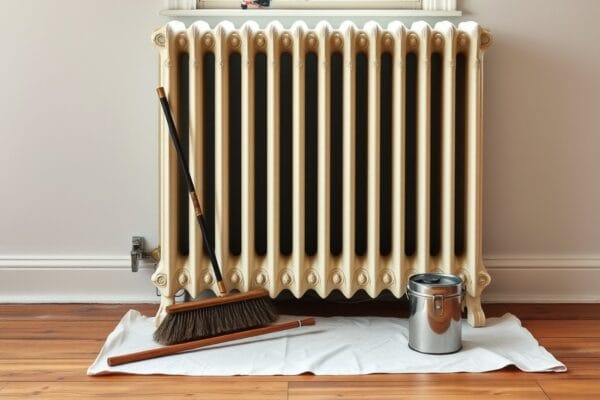 An ornate cast iron radiator painted off white under a window with a long brush and a can on a drop cloth