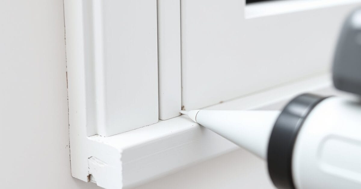 The nozzle of a caulk tube at the joint between a white painted window casing and the stool