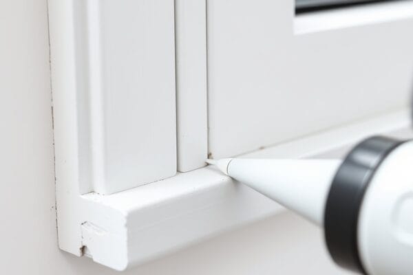 The nozzle of a caulk tube at the joint between a white painted window casing and the stool