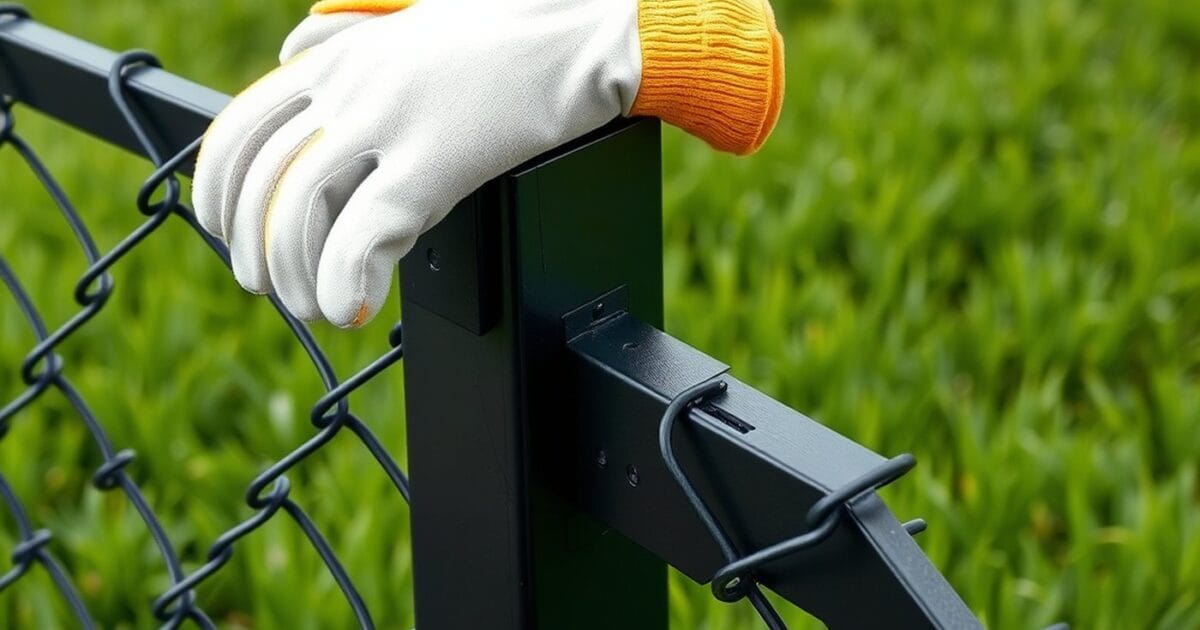A chain link fence post and rail painted matte black with a work glove resting on top