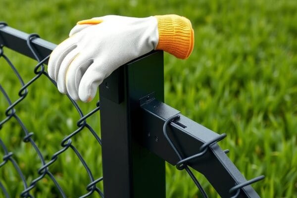 A chain link fence post and rail painted matte black with a work glove resting on top