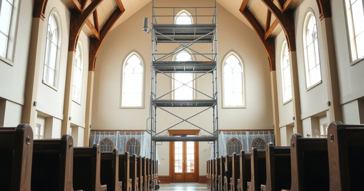 A church sanctuary with a tall timber trussed ceiling and a scaffold tower in the aisle between pews