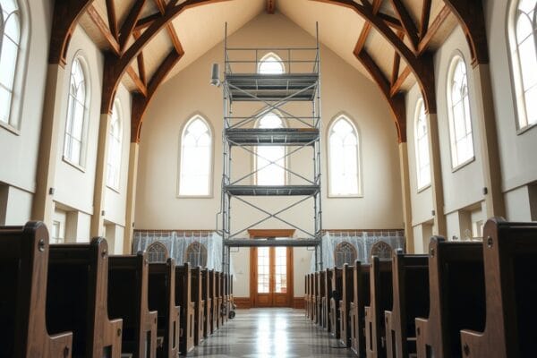 A church sanctuary with a tall timber trussed ceiling and a scaffold tower in the aisle between pews