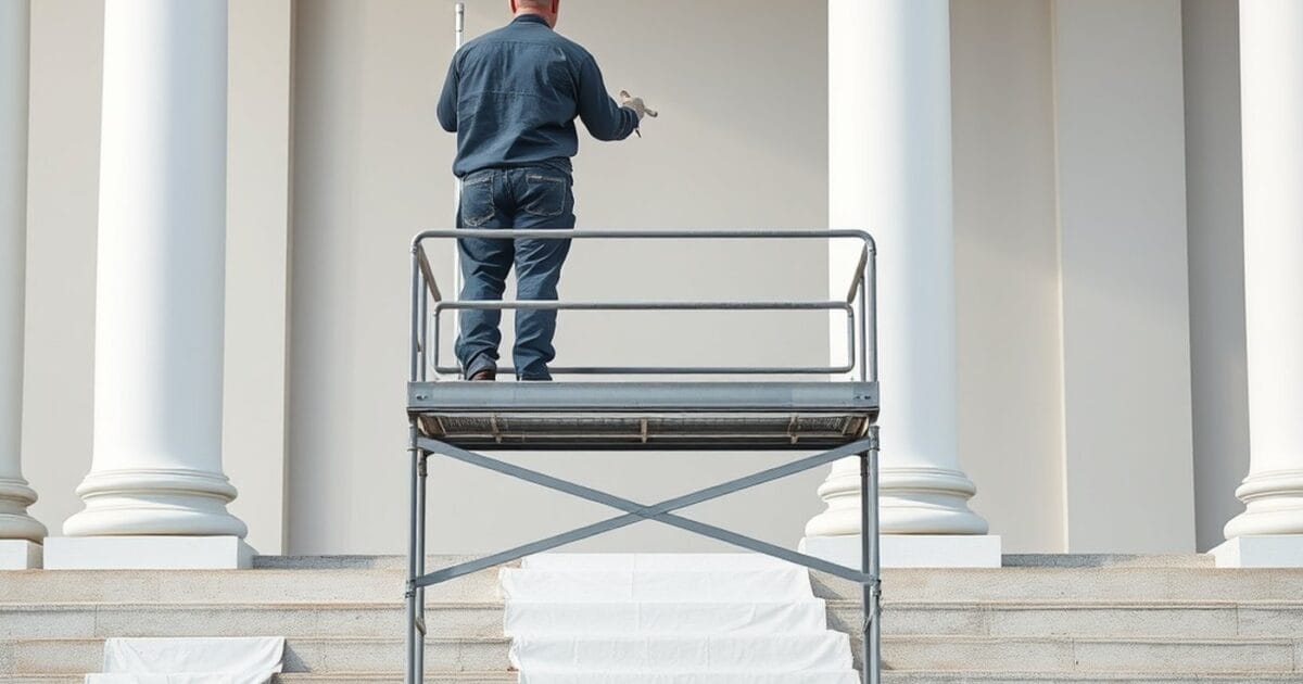 A painter on a scaffold platform between the white columns of a public building, drop cloths on the steps