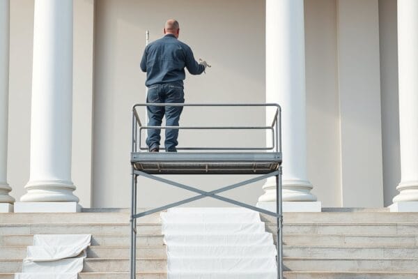 A painter on a scaffold platform between the white columns of a public building, drop cloths on the steps