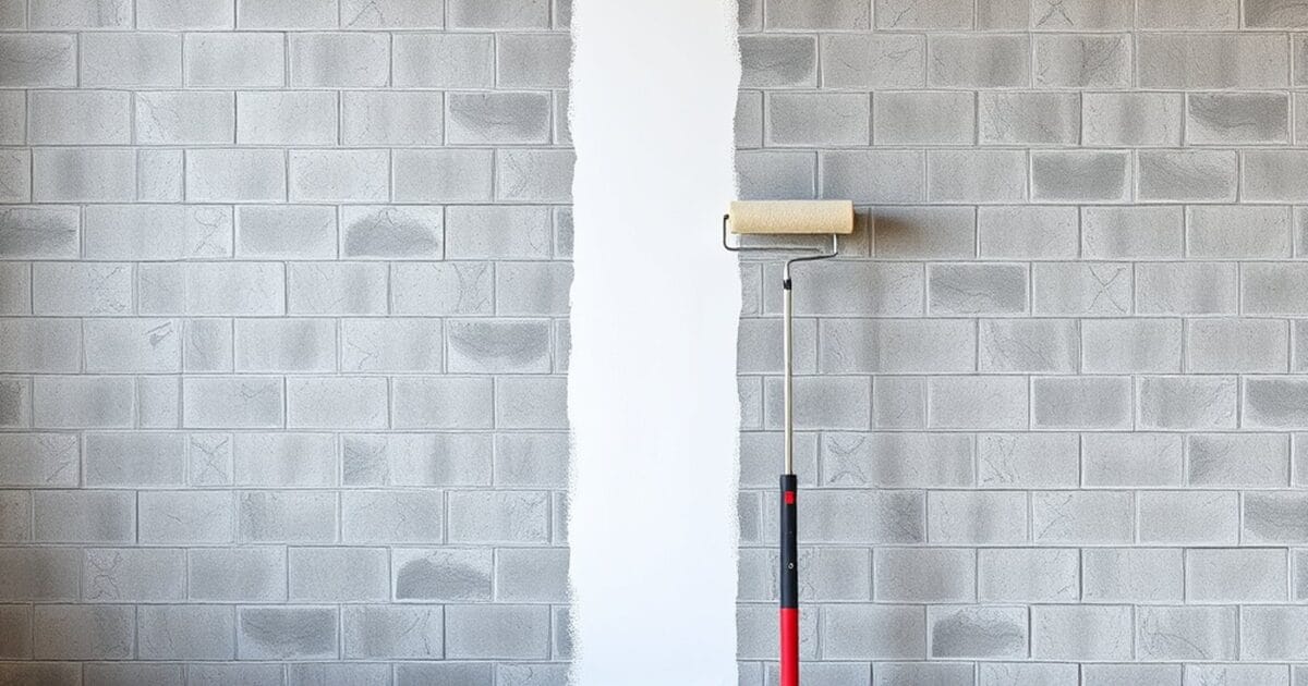 A bare gray concrete block wall with one white coated strip and a roller on a pole beside it