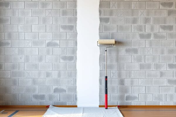 A bare gray concrete block wall with one white coated strip and a roller on a pole beside it