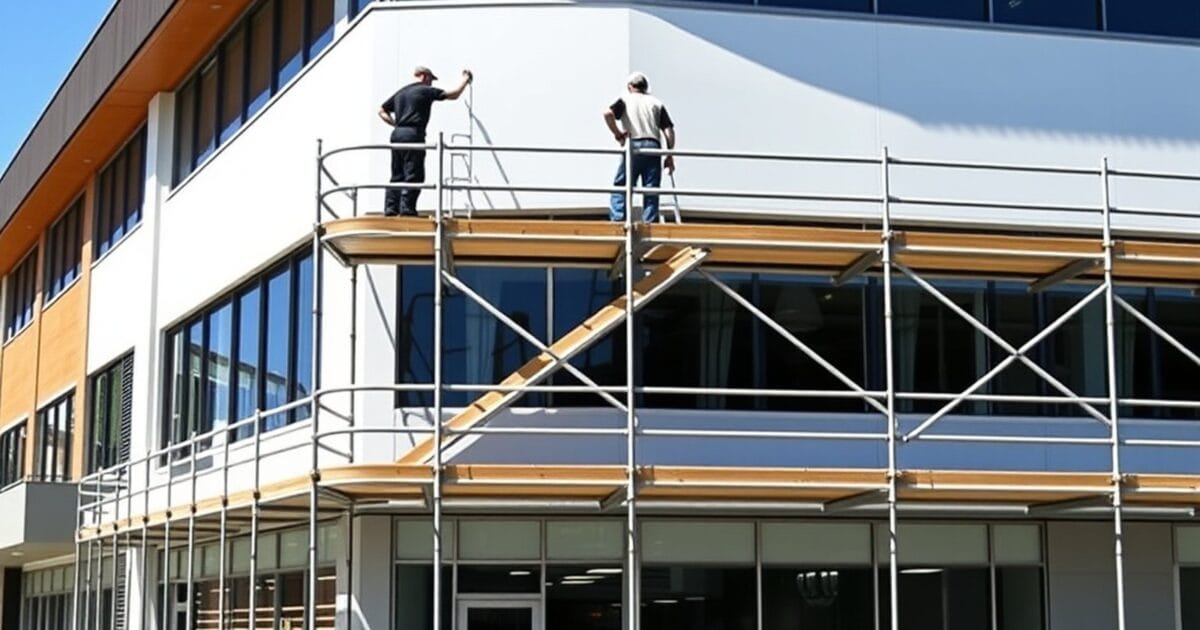 Painters working on scaffolding on the exterior of a three storey commercial building