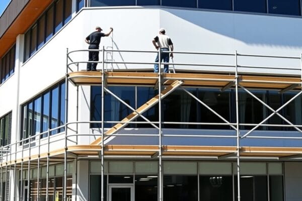 Painters working on scaffolding on the exterior of a three storey commercial building