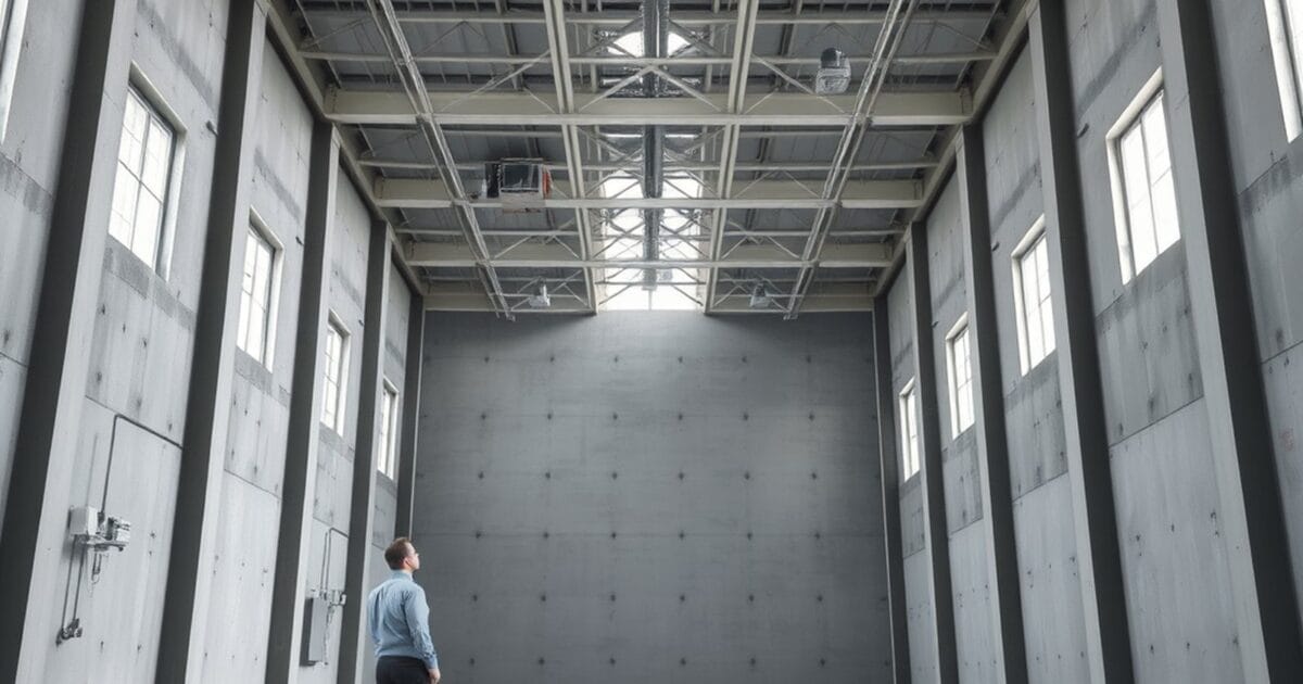 A person looking up at the exposed steel structure of a tall empty industrial interior