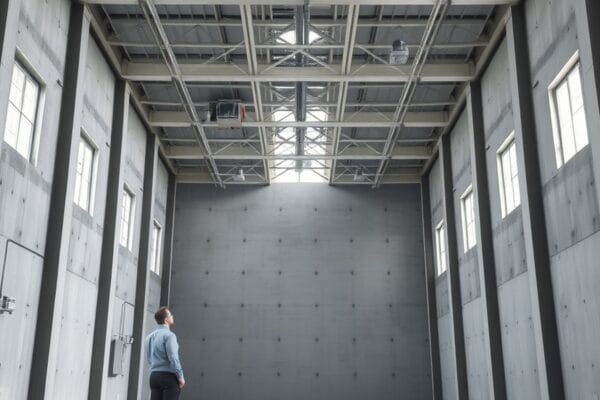 A person looking up at the exposed steel structure of a tall empty industrial interior