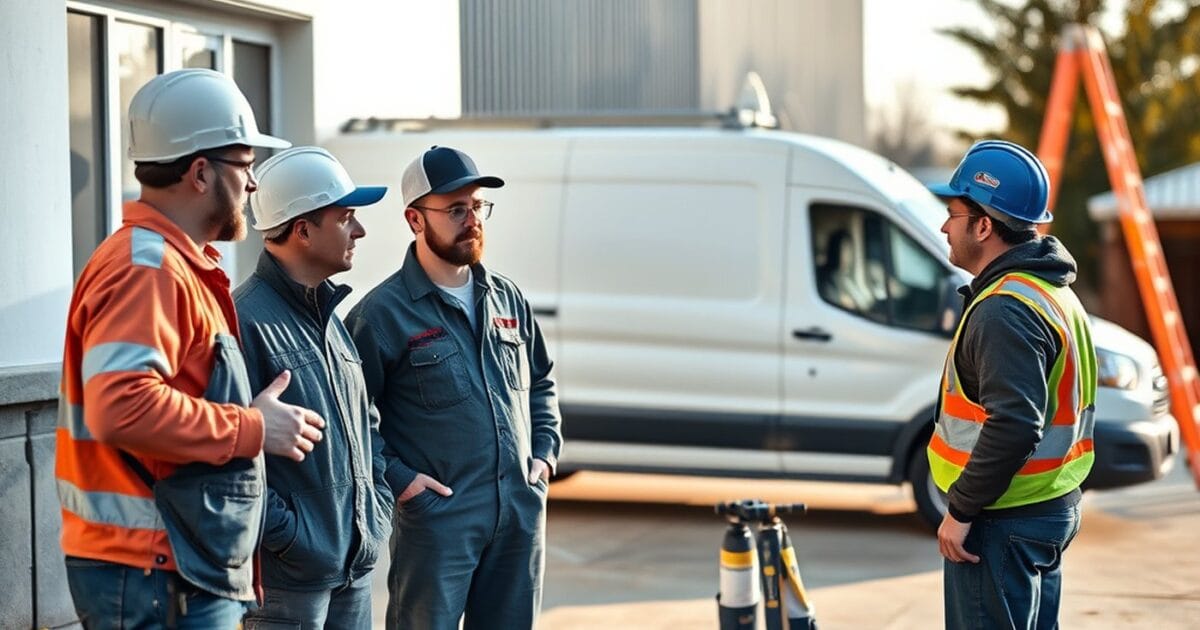 A work crew in hard hats and high visibility clothing talking beside a van