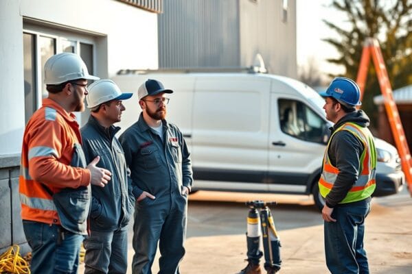 A work crew in hard hats and high visibility clothing talking beside a van
