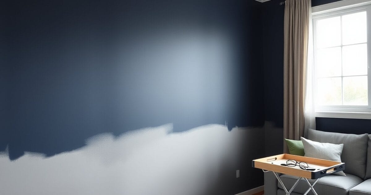 A dark navy living room wall partly covered in gray primer with painting tools on a drop cloth