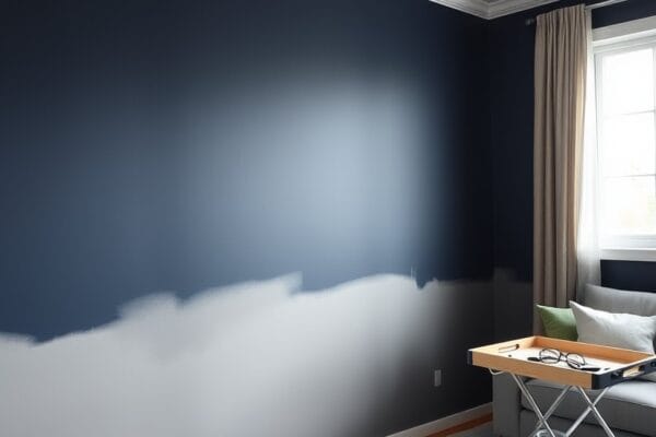 A dark navy living room wall partly covered in gray primer with painting tools on a drop cloth
