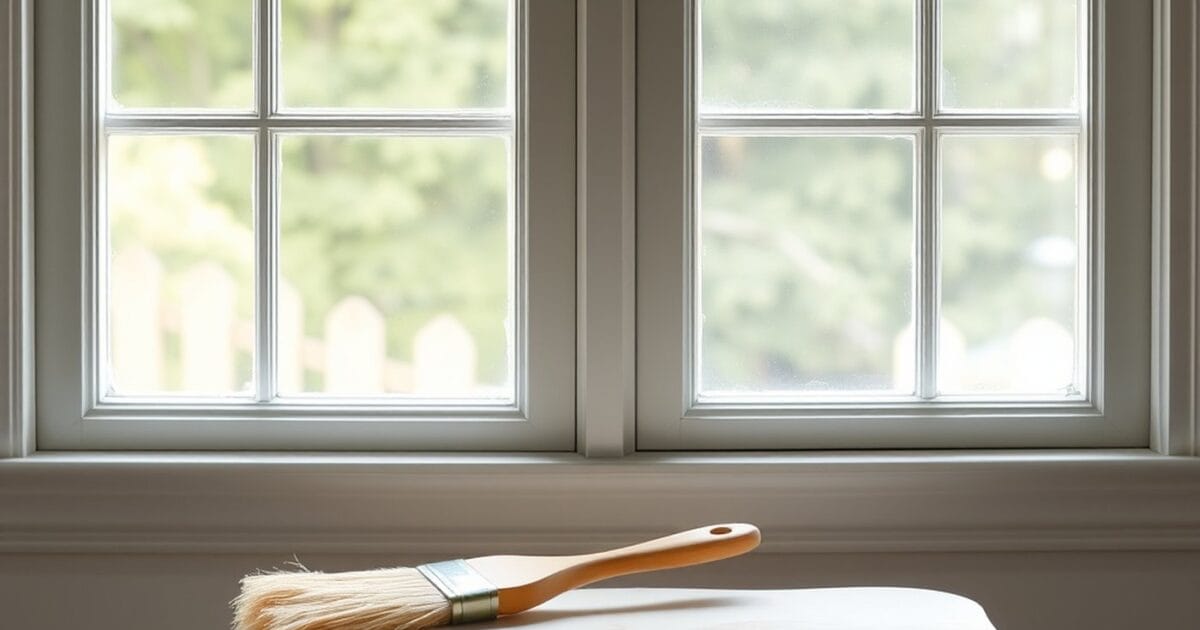 A divided lite window with pale painted sashes and muntins and a paint brush resting on a small table