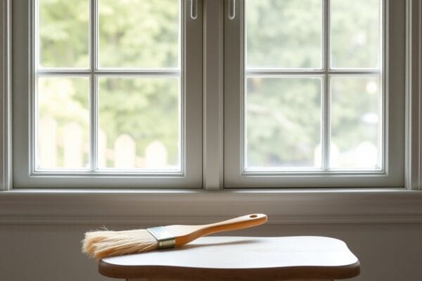 A divided lite window with pale painted sashes and muntins and a paint brush resting on a small table