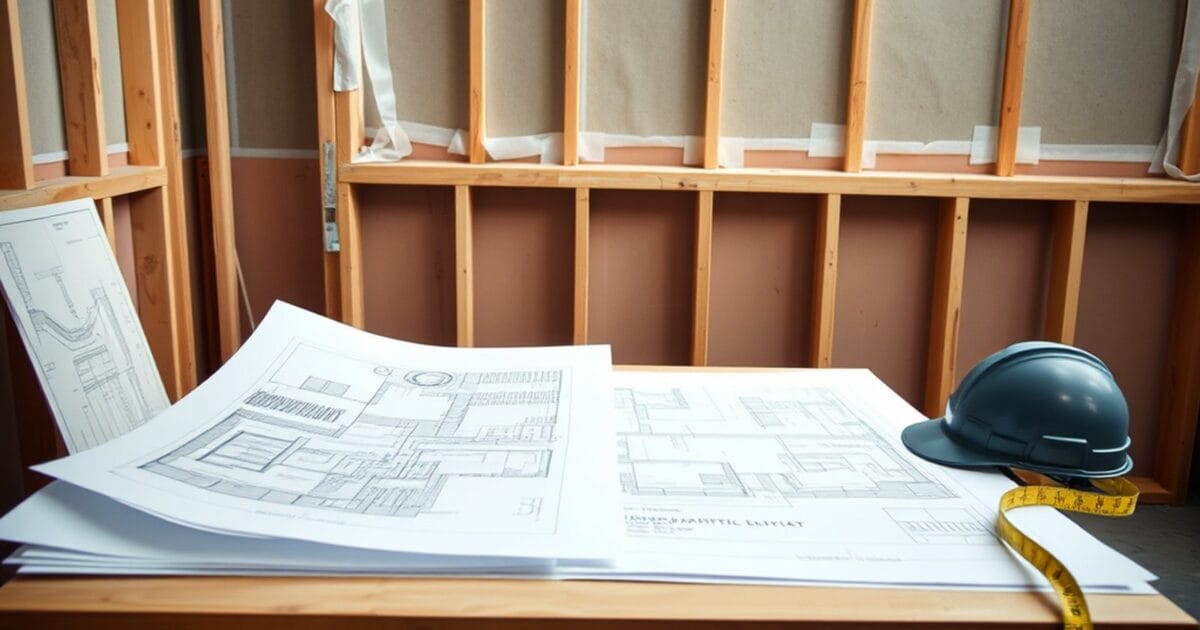 Architectural drawings spread on a trestle table in an unfinished office fitout