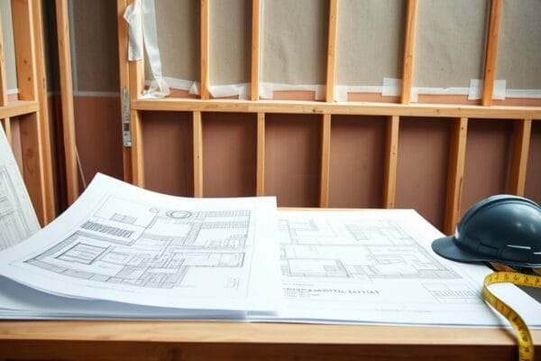 Architectural drawings spread on a trestle table in an unfinished office fitout