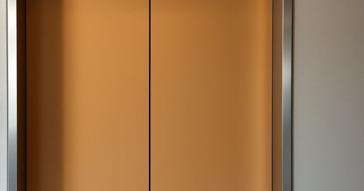 Closed elevator doors painted a matte ochre color inside a steel frame in a lobby