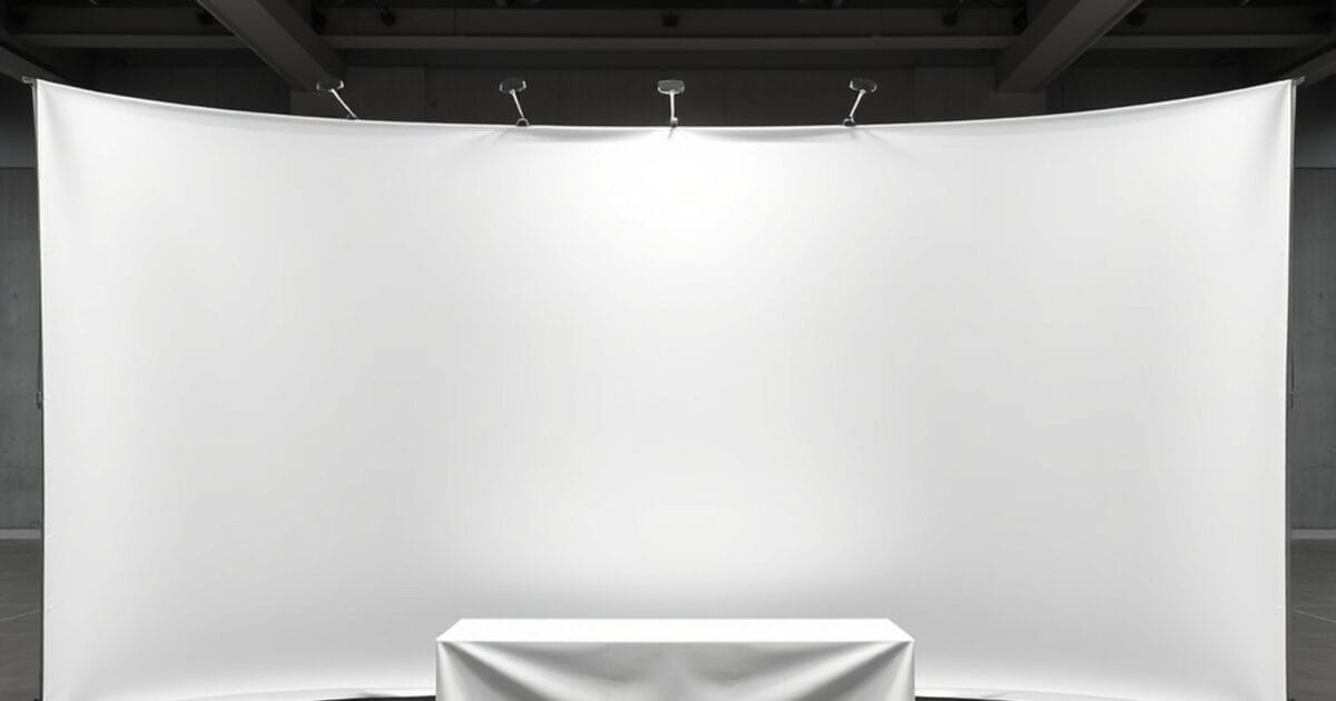 A bare exhibition stand with a blank white fabric backdrop and a plain draped table