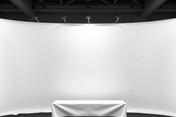 A bare exhibition stand with a blank white fabric backdrop and a plain draped table