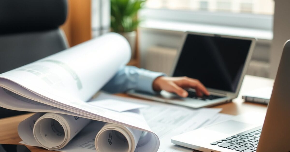 Rolled construction drawings and paperwork on a desk beside a laptop