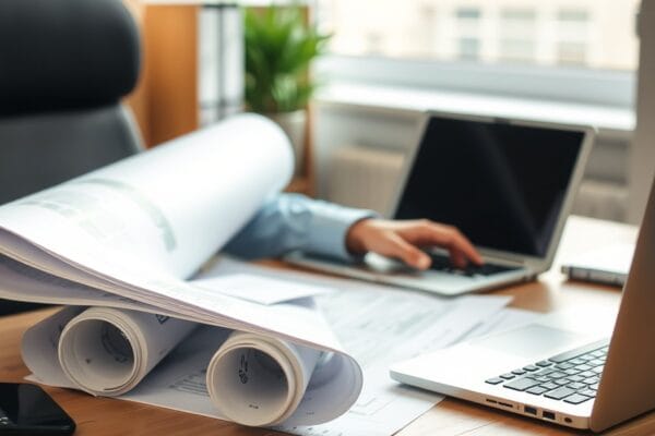 Rolled construction drawings and paperwork on a desk beside a laptop