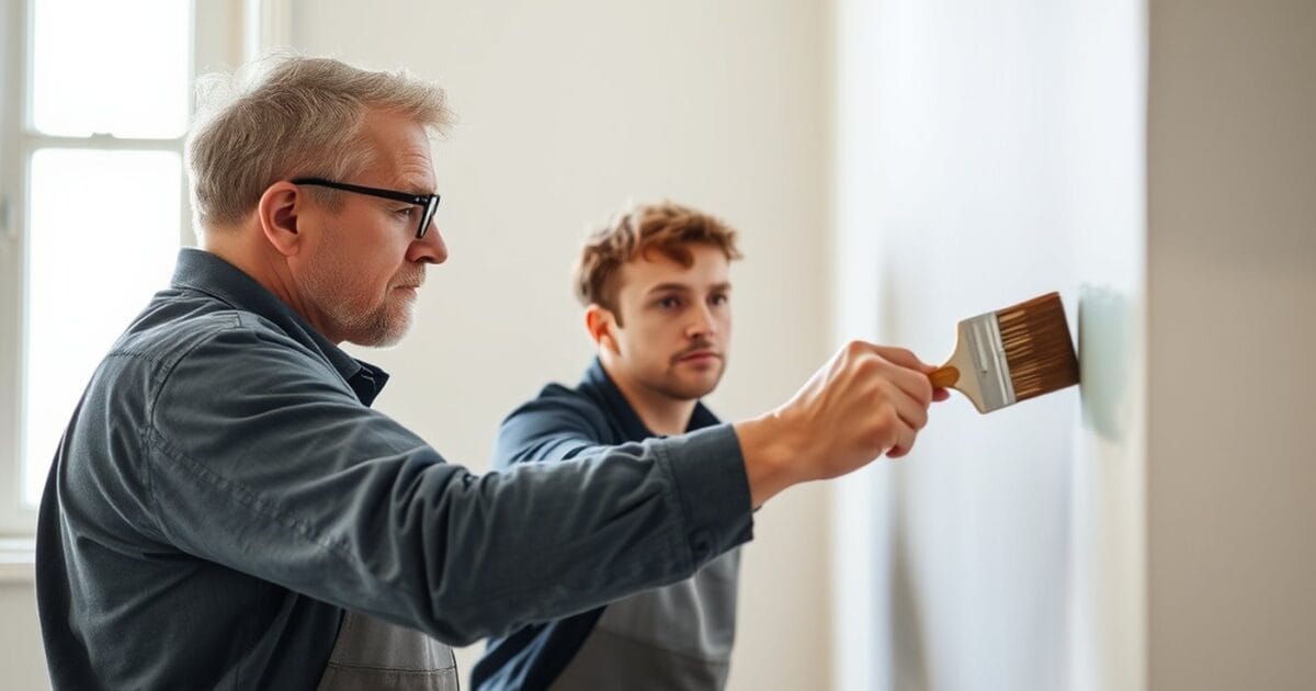 An experienced painter showing a younger colleague how to cut in a clean edge