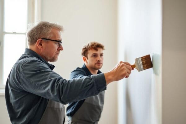 An experienced painter showing a younger colleague how to cut in a clean edge