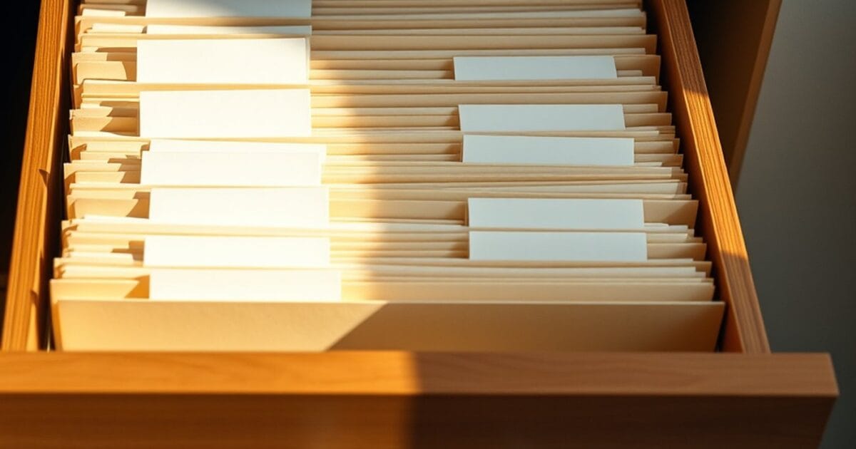 An open wooden filing drawer packed with manila folders whose tabs are all blank