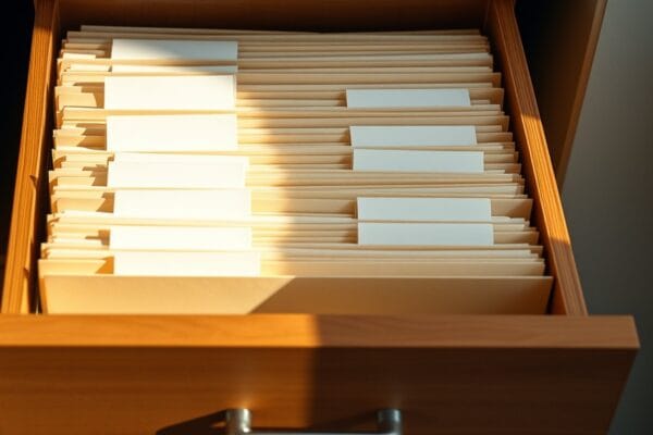 An open wooden filing drawer packed with manila folders whose tabs are all blank