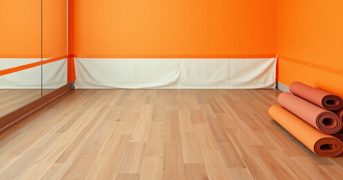 An empty fitness studio with a bright orange wall, a mirror wall, wood floor and rolled exercise mats
