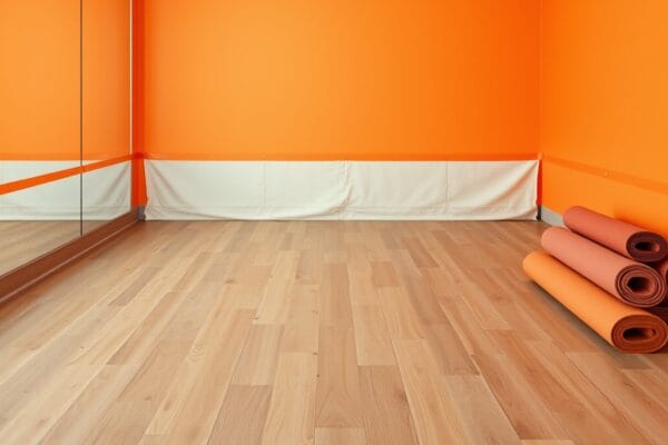 An empty fitness studio with a bright orange wall, a mirror wall, wood floor and rolled exercise mats
