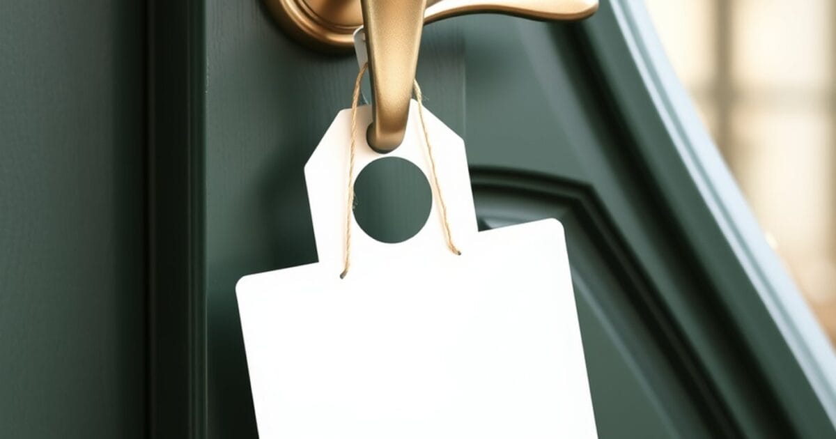 A blank white card hanging from the brass lever handle of a dark green front door