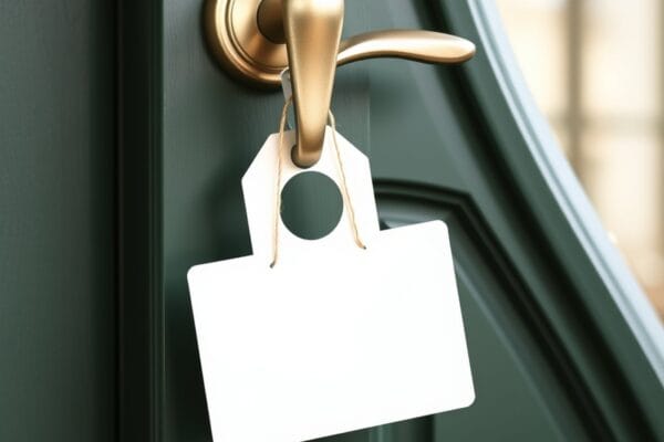 A blank white card hanging from the brass lever handle of a dark green front door