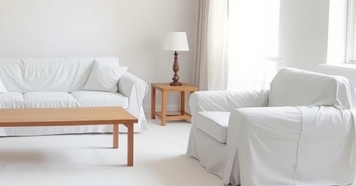 Living room furniture covered in white dust sheets in a room prepared for painting