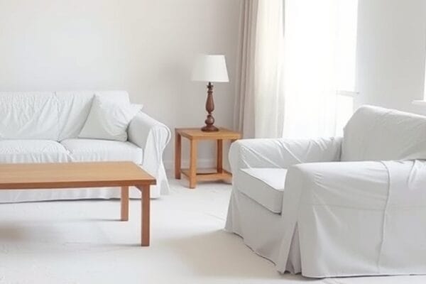 Living room furniture covered in white dust sheets in a room prepared for painting
