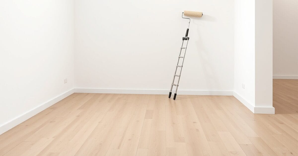 An empty white walled gallery room with a pale wood floor and a paint roller propped against the wall