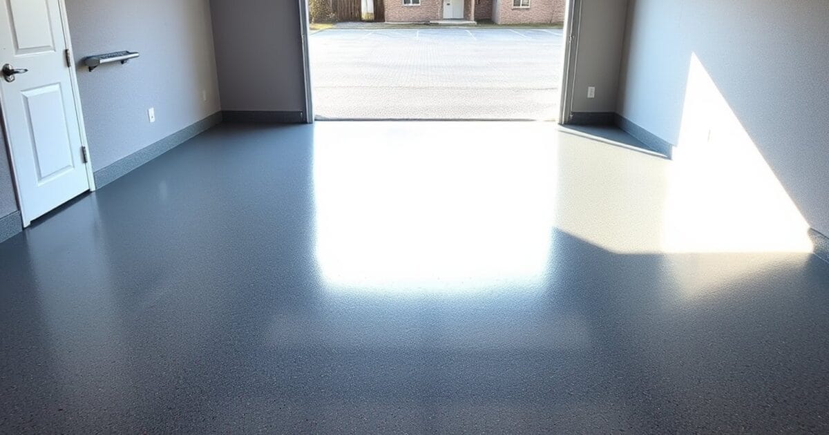 An empty garage with a glossy gray flake coated floor and the door open to daylight