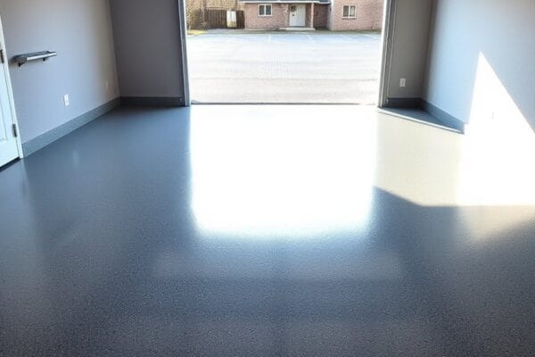 An empty garage with a glossy gray flake coated floor and the door open to daylight