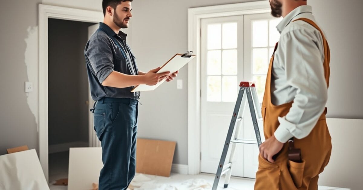 One painter handing a clipboard to another inside a partly painted room