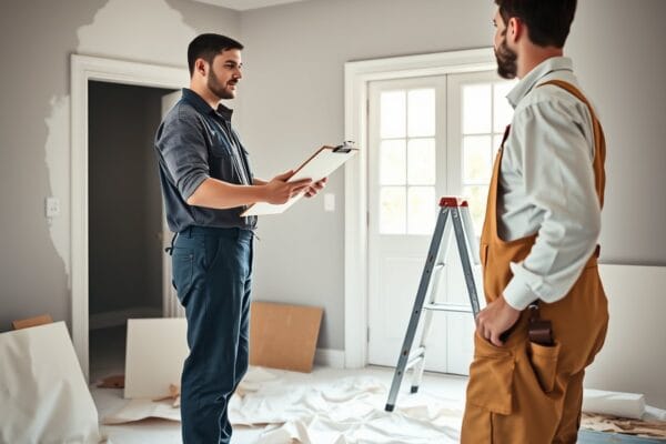 One painter handing a clipboard to another inside a partly painted room