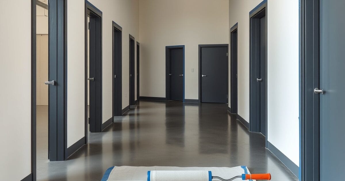 A commercial corridor with dark gray steel door frames and flush doors and a roller on a drop cloth